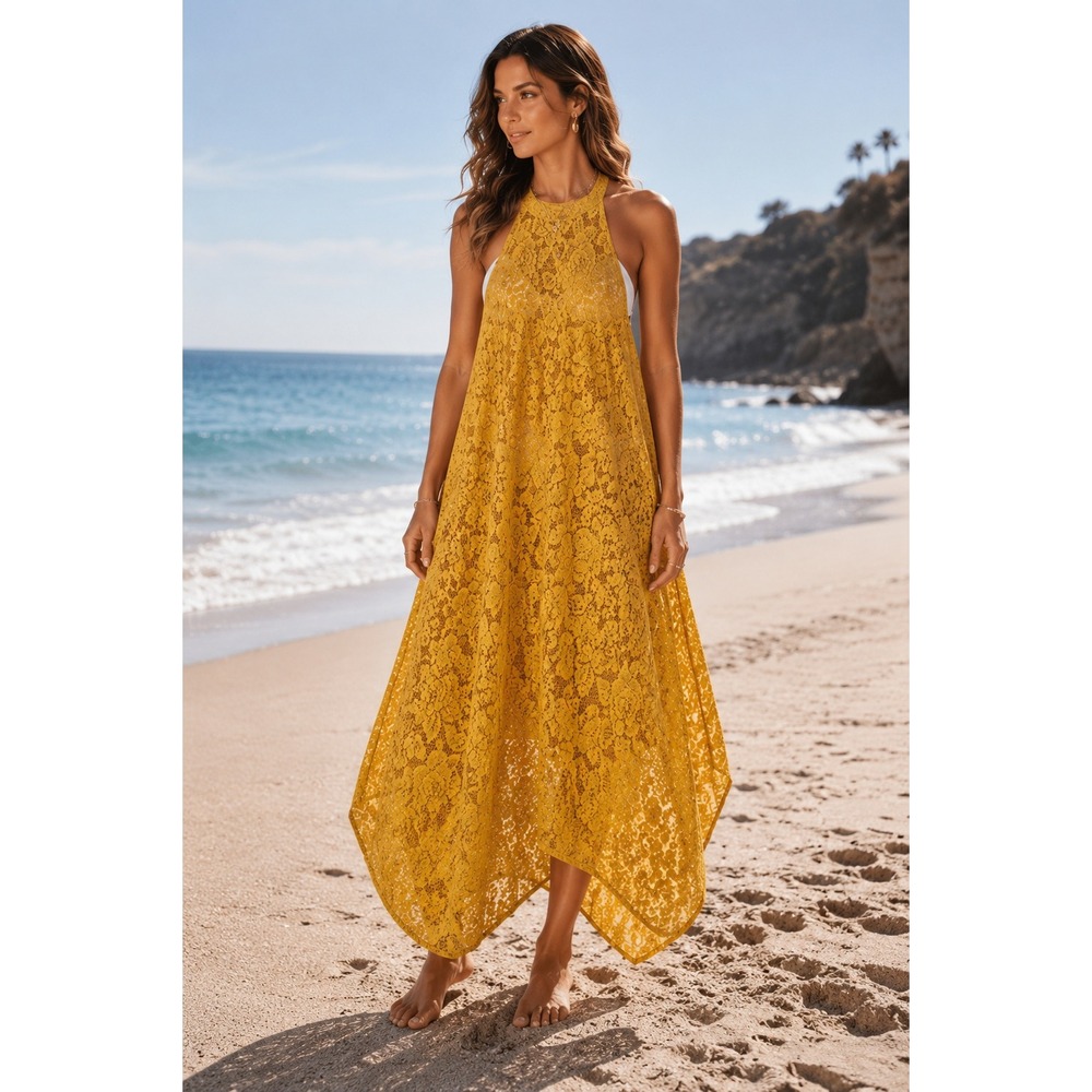 Wrapper Maxi Dress Mustard Yellow Floral Lace High Low Halter Formal Size M